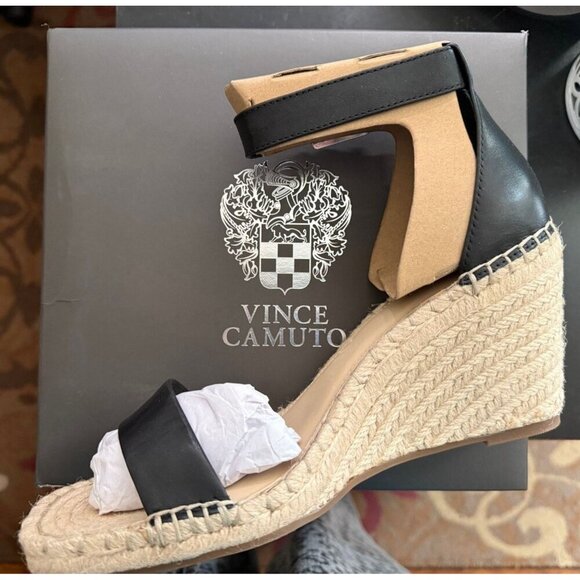 Vince Camuto Womens Black Tan Leather Wedge Espadrille Sandals Sz 11 M New - Picture 3 of 5